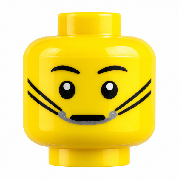 LEGO® Minifiguren-Kopf gelb mit geöffneten Augen und schwarzen Schnurrhaaren