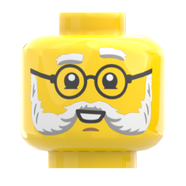 LEGO® Kopf Doppelgesicht älterer Mann mit weißem Bart & Brille – fröhlich lächelnd