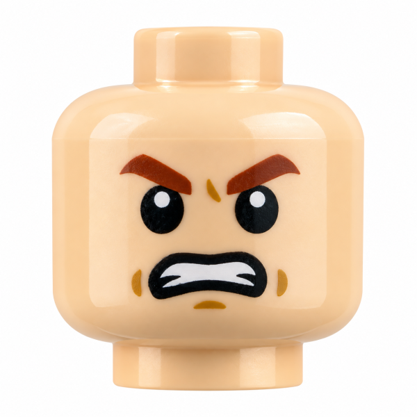 LEGO® Minifiguren-Kopf in Hautfarbe mit wütendem Gesicht, braunen Augenbrauen und sichtbaren Zähnen