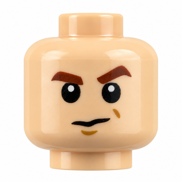 LEGO® Minifiguren-Kopf in Hautfarbe mit selbstbewusstem Gesicht, braunen Augenbrauen und leichtem Lächeln