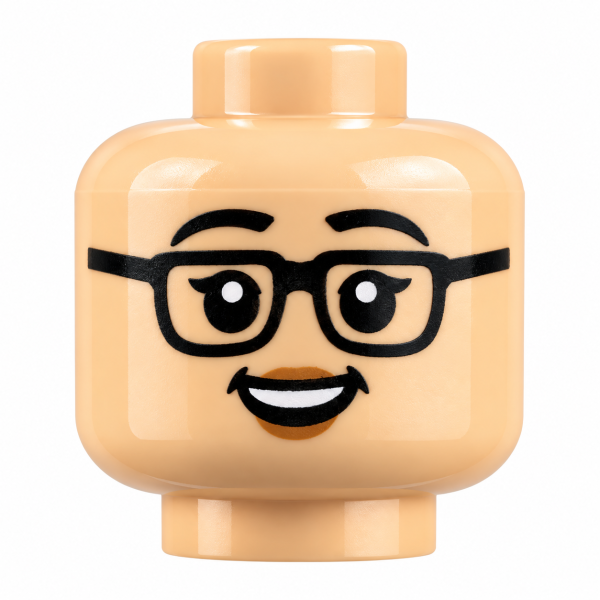 LEGO® Frauenkopf mit schwarzer rechteckiger Brille, geschwungenen Augenbrauen und lächelndem Gesicht