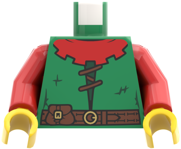 LEGO® Forestman Minifiguren Torso mit grünem Hemd, rotem Kragen und Gürtel vorn
