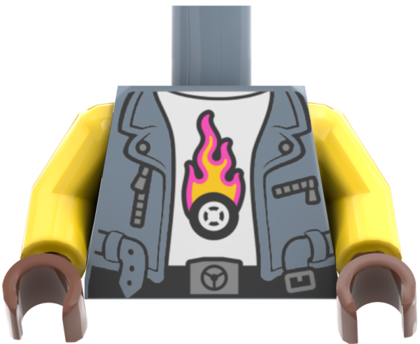 LEGO® Minifiguren Torso mit grauer Weste und Flammen-Motiv vorn