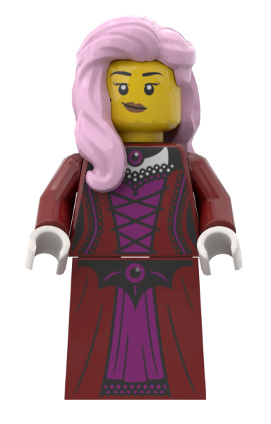 LEGO® Mittelalterliche Dame Lady bdp352 mit rosa Locken und dunkelrotem Kleid – Vorderansicht