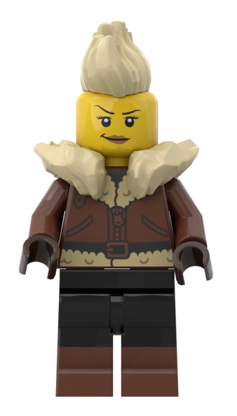 LEGO® Raider Räuberin bdp354 mit blondem Haar, brauner Jacke und Fellkragen – Vorderansicht