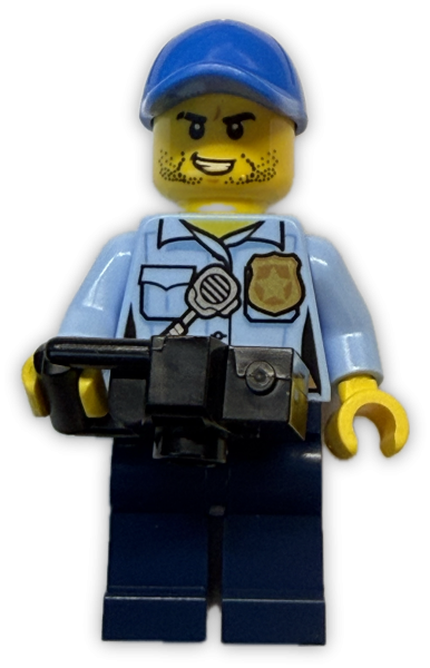 LEGO Minifigur Polizist mit blauer Mütze und Kamera Vorderansicht