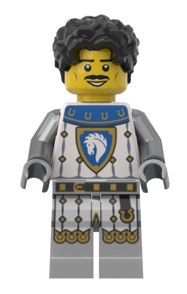 LEGO® Pferderitter bdp356 – Vorderansicht mit blauem Pferdewappen und schwarzen Locken