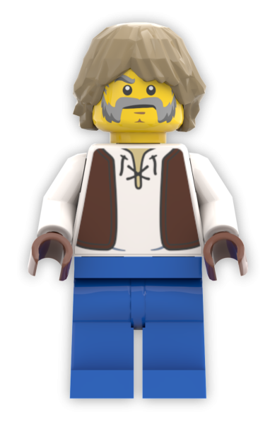 LEGO® Schmied Minifigur mit grauem Bart und brauner Weste – Vorderansicht