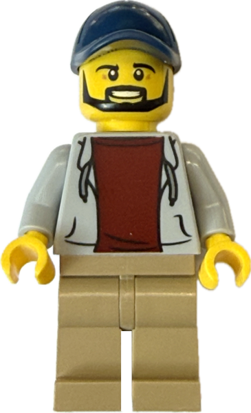 LEGO City Minifigur Mann mit Basecap, Bart und grauer Kapuzenjacke Vorderansicht