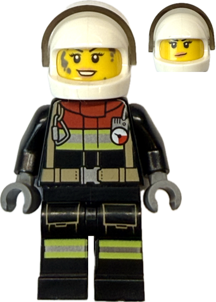 Feuerwehrfrau Minifigur mit Schutzhelm und Einsatzuniform Vorderansicht