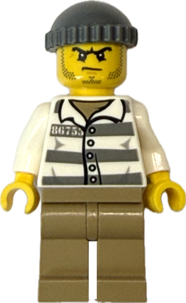 Gefangener Minifigur mit Streifenhemd und schwarzer Mütze Vorderansicht