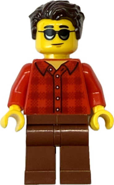 Mann Minifigur mit rotem Karohemd und Sonnenbrille Vorderansicht