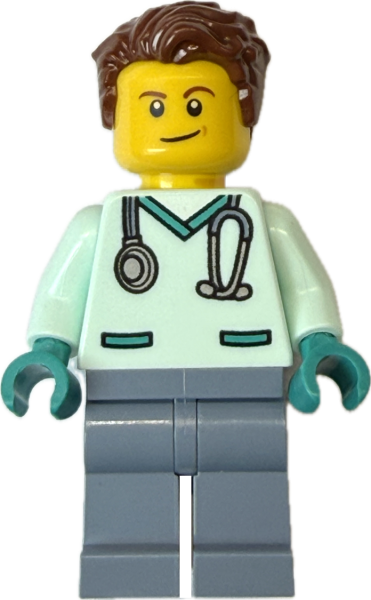 LEGO Arzt Minifigur mit mintfarbener Klinikbekleidung und Stethoskop Vorderansicht