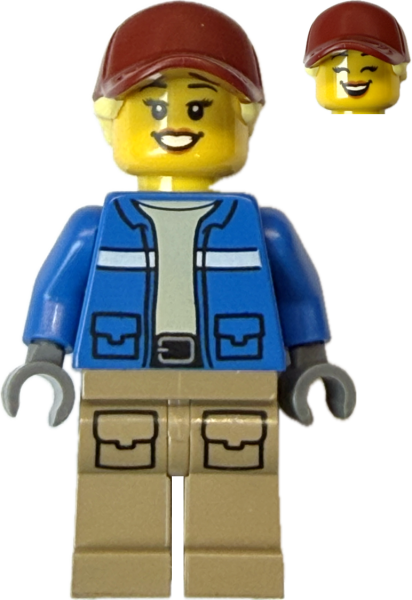 LEGO Tierretter Minifigur mit blauer Rescue-Jacke und roter Cap Vorderansicht