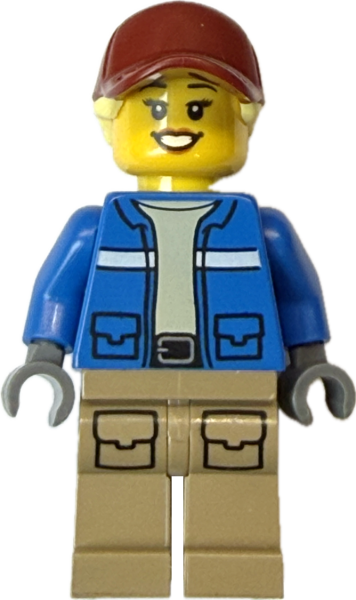 LEGO Tierretter Minifigur mit blauer Rescue-Jacke und roter Cap Vorderansicht