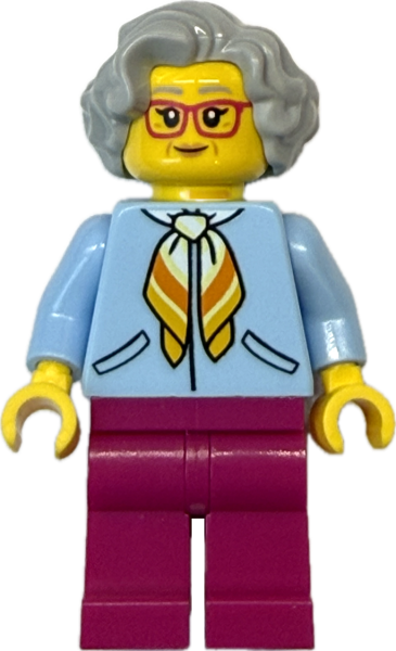 LEGO Oma mit roter Brille und hellblauer Jacke Vorderseite