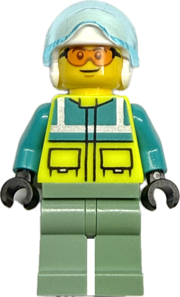 LEGO City Rettungshubschrauber Pilot Minifigur mit Helm und Warnweste Vorderansicht