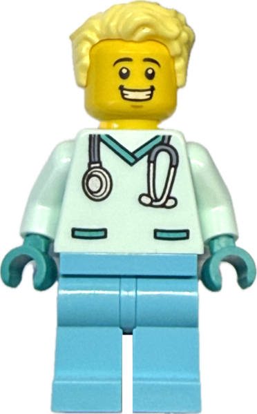 LEGO City Arzt Minifigur mit Stethoskop und hellblonder Frisur Vorderansicht