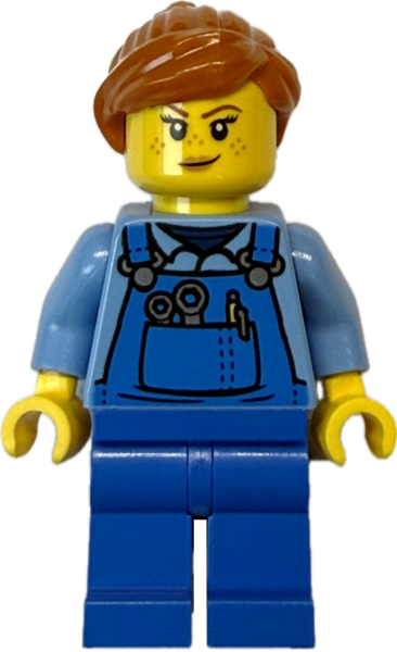 LEGO Hausmeisterin mit Blaumann und Werkzeugtasche Vorderseite