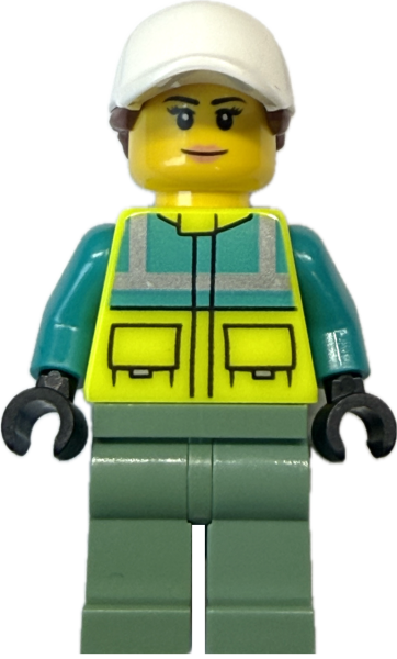 LEGO Rettungsfahrerin mit Warnweste und weißer Kappe Vorderseite