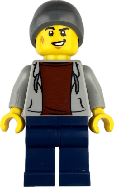 LEGO Junge Minifigur mit grauem Hoodie und schwarzer Mütze