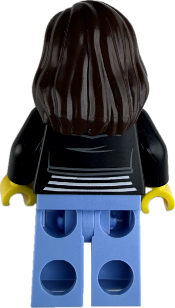 LEGO Minifigur Frau mit langen braunen Haaren und hellblauer Hose Rückseite