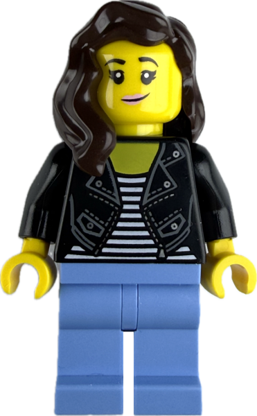LEGO Minifigur Frau mit langen braunen Haaren und hellblauer Hose Rückseite