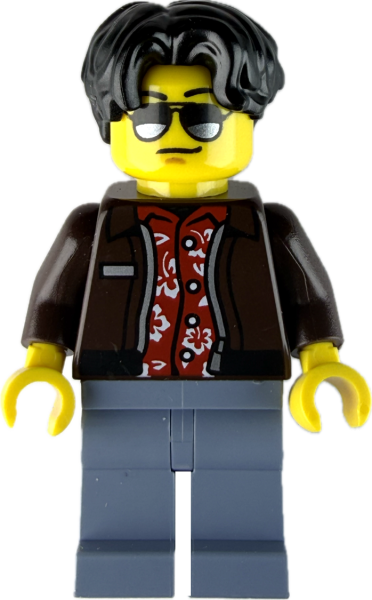 LEGO Mann Minifigur mit Sonnenbrille und brauner Jacke