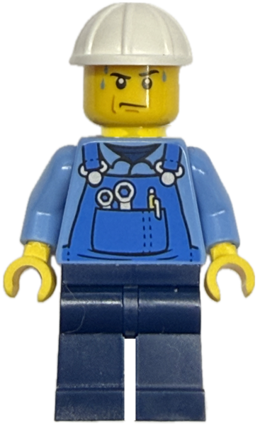 LEGO Minifigur Bauarbeiter mit weißem Helm und Presslufthammer Vorderansicht