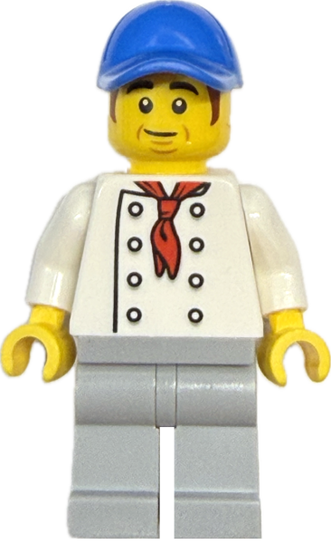 LEGO Minifigur Koch mit weißer Uniform und blauer Mütze Vorderansicht