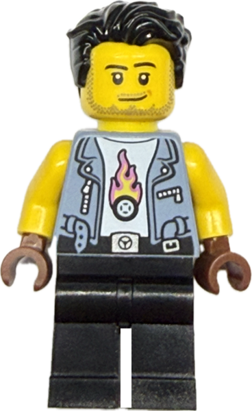 LEGO Minifigur Biker mit Lederweste und Flammenmotiv Vorderansicht