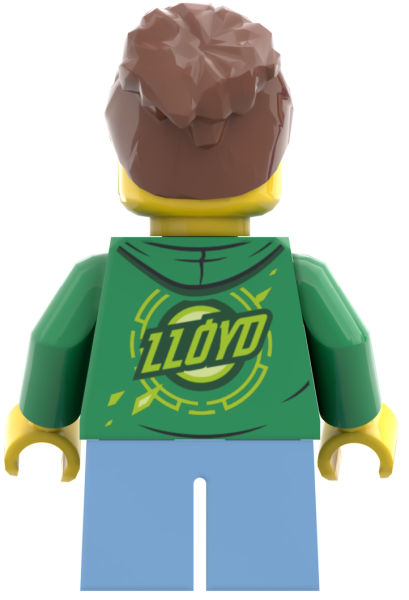 LEGO Minifigur Mädchen mit grünem Hoodie und Logo auf der Rückseite