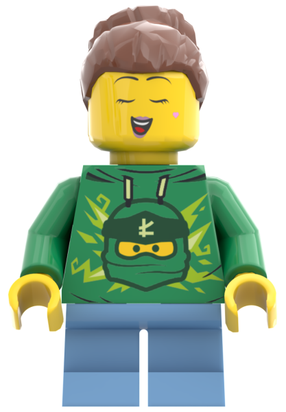 LEGO Minifigur Mädchen mit grünem Hoodie und Ninja-Aufdruck Vorderansicht