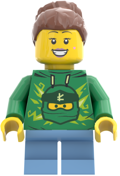 LEGO Minifigur Mädchen mit grünem Hoodie und Ninja-Aufdruck Vorderansicht