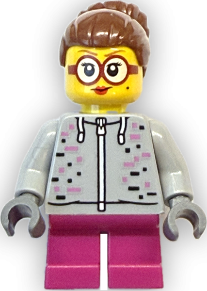 LEGO Minifigur Frau mit grauem Hoodie und pinker Hose Vorderansicht