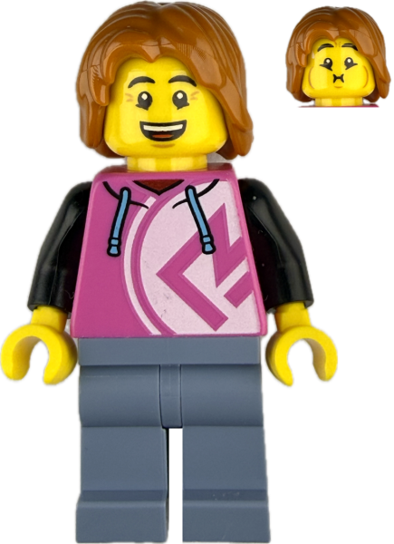 LEGO Junge Minifigur mit pinkem Hoodie und braunen Haaren