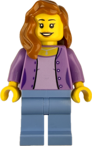 LEGO Frau Minifigur mit lila Jacke und rotbraunen Haaren