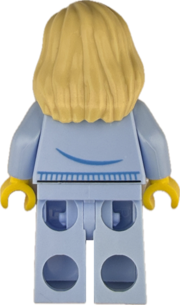 Rückseite der LEGO Frau Minifigur mit hellblauer Jacke