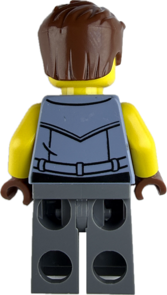 LEGO Minifigur Mann mit braunen Haaren und grauer Lederweste Rückseite