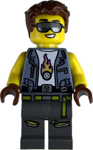 LEGO Minifigur Mann mit Sonnenbrille, Lederweste und Flammen Shirt vorne