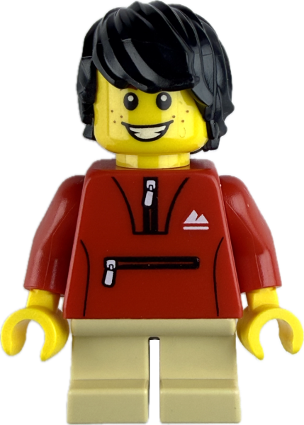LEGO Minifigur Junge mit roter Jacke und Sommersprossen vorne