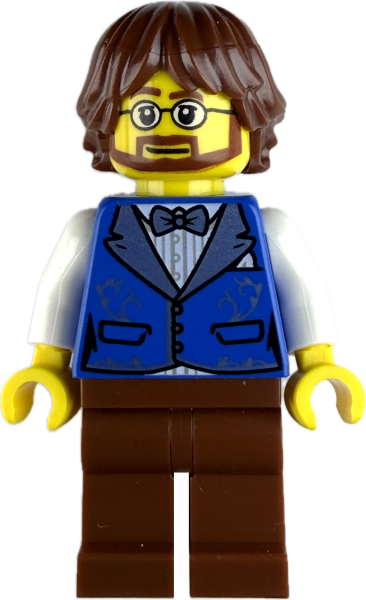 LEGO Minifigur Herr mit Brille, Vollbart und blauer Weste vorne