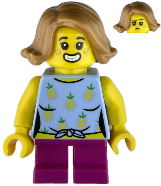 LEGO Minifigur Mädchen mit Ananas Shirt und pinker Hose vorne