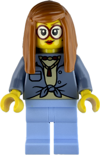 LEGO Minifigur Frau mit großer Brille, Bluse und hellblauer Hose vorne