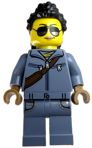 LEGO Minifigur Frau mit Sonnenbrille und grauer Jacke vorne