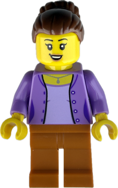 LEGO Minifigur Frau mit lila Jacke und Hochsteckfrisur vorne