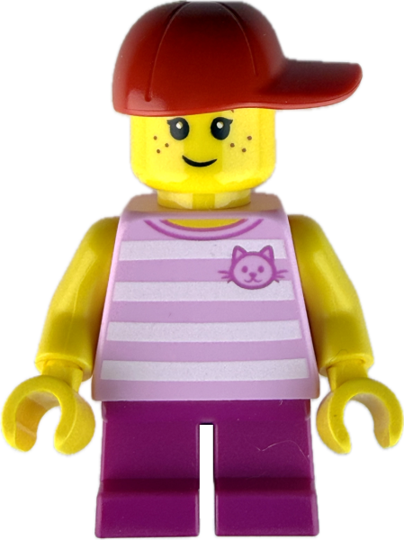 LEGO Minifigur Mädchen mit Katzen Shirt und Cap vorne