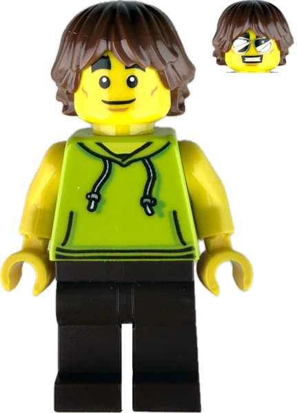 Alternativtext Bild 1 Junge LEGO Minifigur mit grünem Hoodie und braunen Haaren Vorderseite