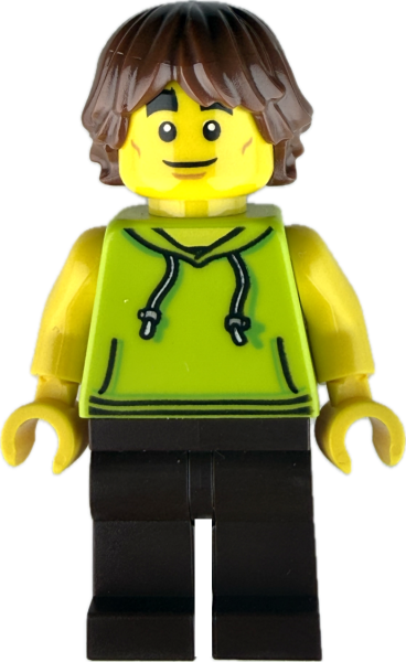 Alternativtext Bild 1 Junge LEGO Minifigur mit grünem Hoodie und braunen Haaren Vorderseite