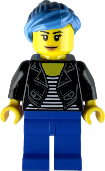 LEGO Frau Minifigur mit blauen Haaren und schwarzer Lederjacke